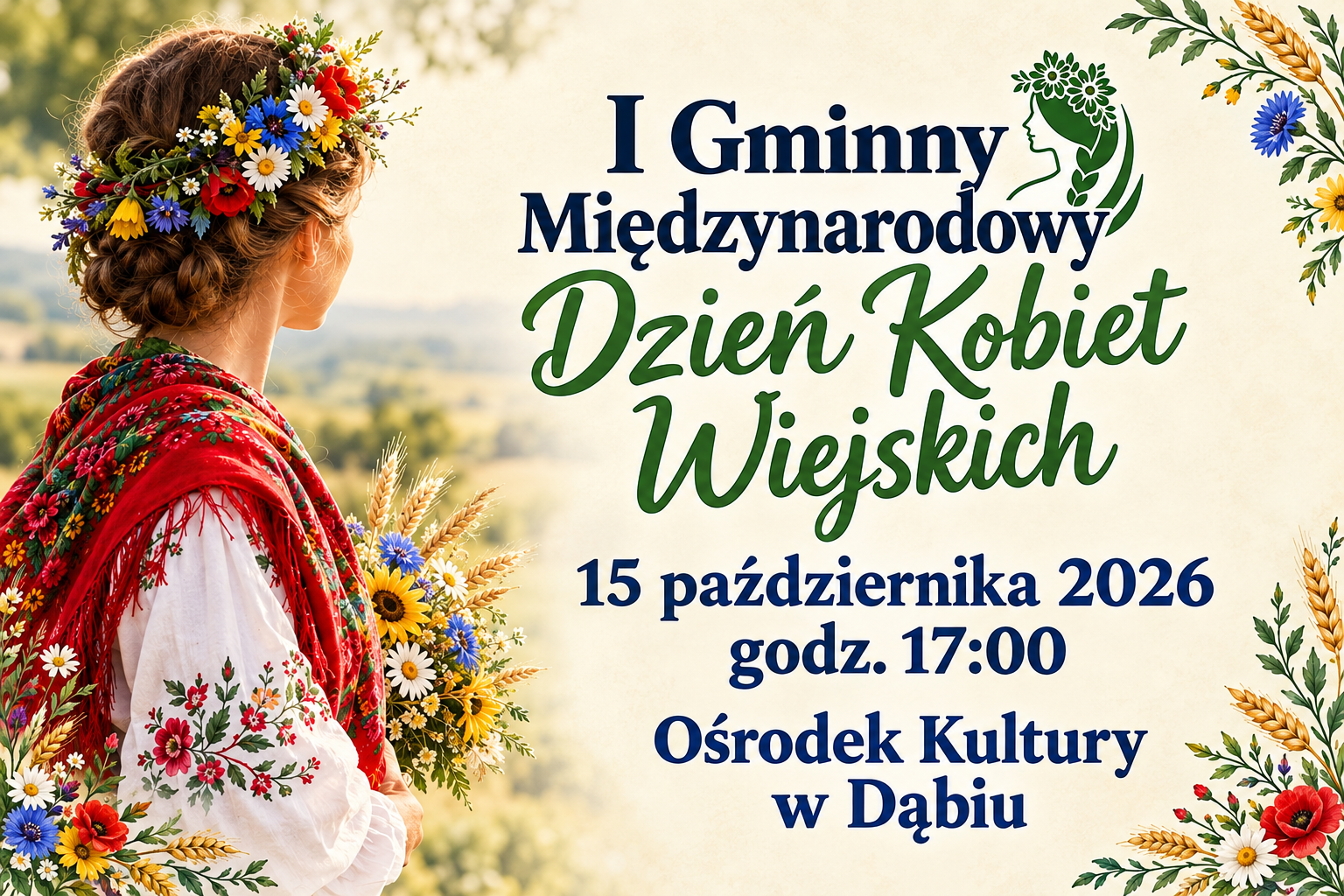 Kobieta z wiankiem na głowie i nazwa imprezy